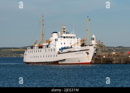 Penzance, Cornwall, England, UK. 2022. Passenger ferry Scillonian III alongside her berth in Penzance Harbour having arrived from St Marys in the Scil Stock Photo