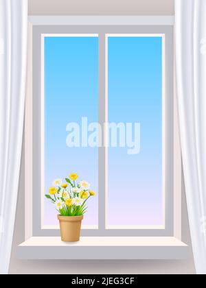 Window in interior, flowers chamomiles in the pot, curtains. Vector illustration template realistic Stock Vector