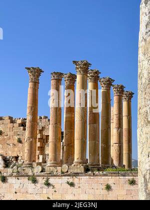 Temple of Artemis, at the ancient town of Jerash (or Gerasa), in Jordan, Asia. It is a roman peripteral temple (AD 150) dedicated to goddess Artemis Stock Photo