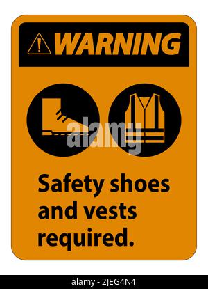 Warning Sign Safety Shoes And Vest Required With PPE Symbols on white background Stock Vector