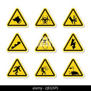 Triangular Warning Hazard Symbols labels On White Background Stock Vector
