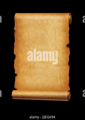 Old mediaeval paper sheet. Parchment scroll isolated on black background Stock Photo