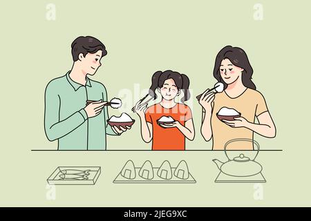 Asian family with child at table eating traditional dish together. Smiling parents and kid enjoy tasty asia food. Vector illustration.  Stock Vector