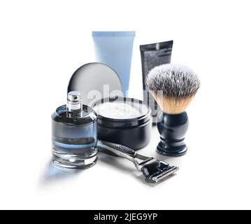 Shaving accessories set on a white background mockup Stock Photo