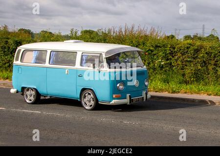 1972 70s seventies VW Volkswagen  Type 2 Bay window Campervan 1598cc vintage RV; en-route to Hoghton Tower for the Supercar Summer Showtime car meet which is organised by Great British Motor Shows in Preston, UK Stock Photo