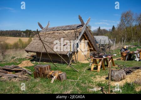 Medieval viking housing scenery in sunny ambiance at early spring time Stock Photo