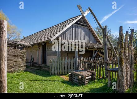 Medieval viking housing scenery in sunny ambiance at early spring time Stock Photo