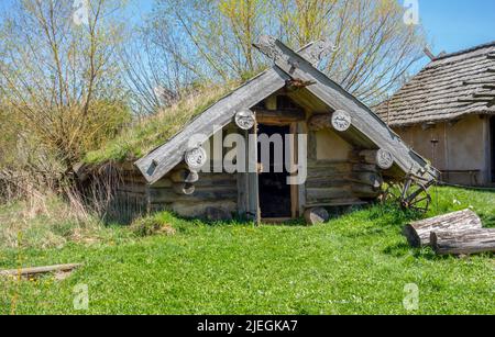 Medieval viking housing scenery in sunny ambiance at early spring time Stock Photo