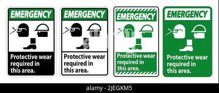 Emergency Sign Protective Wear Is Required In This Area.With Goggles, Hard Hat, And Boots Symbols on white background Stock Vector