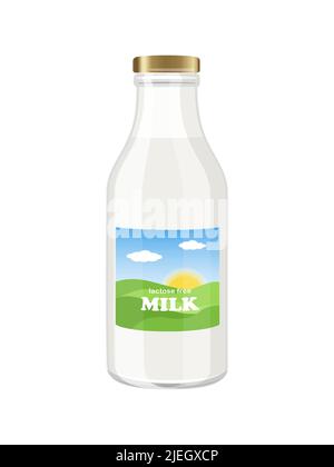 Milk bottle packaging with pattern of meadows, sky, sun and clouds and inscription Lactose free Milk, vector illustration on white background Stock Vector