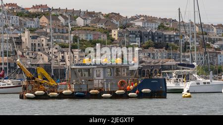 Falmouth, Cornwall, England, UK. 2022. The Aberfal a harbour masters mooring maintenance vessel berthed in Falmouth Harbour, Cornwall, UK Stock Photo