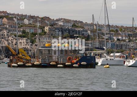 Falmouth, Cornwall, England, UK. 2022. The Aberfal a harbour masters mooring maintenance vessel berthed in Falmouth Harbour, Cornwall, UK Stock Photo