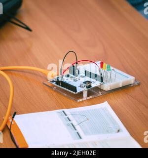 Small electronic Board with chips and wires Stock Photo