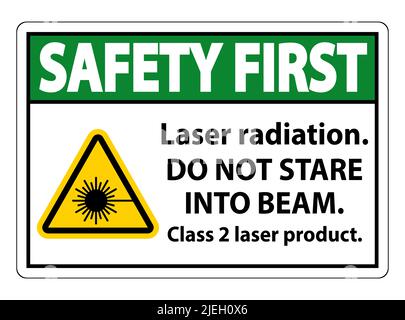 Safety First Laser radiation,do not stare into beam,class 2 laser product Sign on white background Stock Vector