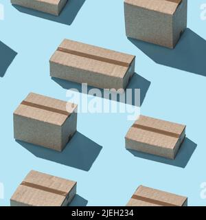 Cardboard boxes hard shadows geometric seamless pattern on blue background. Stock Photo