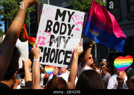 New York, USA, June 26, 2022. A person holds a sign, 'My Body My Choice' at NYC Pride a few days after the overturning of Roe v. Wade. Stock Photo