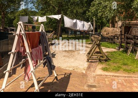 Enkhuizen, Netherlands. June 2022. Drying laundry on a laundry rack. . High quality photo Stock Photo