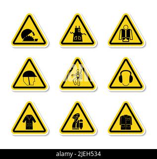 Triangular Warning Hazard Symbols labels On White Background Stock Vector