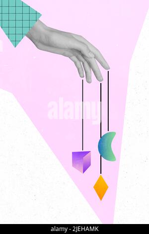 Creative abstract template graphics image of palm fingers hanging different figures isolated picture background Stock Photo