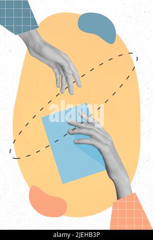 Artwork collage image of two people arms give take blue card with empty space isolated painted background Stock Photo