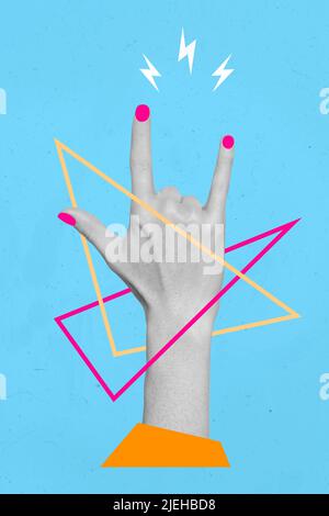 Exclusive collage picture of human arms make horned symbol show pink manicure rock festival isolated blue color background Stock Photo