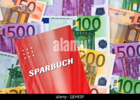 Sparbuch mit Euro-Banknoten, 100er, 200er, 500er, Geldscheine, Stock Photo