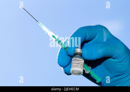 Eine Hand mit Spritze und Corona-Impfstoff von Biontech / Pfizer, Handschuhe, Stock Photo