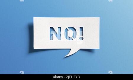 No sign showing negative answer or decision, disagreement, rejection, refusal or contradiction. Word no on cutout paper speech bubble on blue backgrou Stock Photo