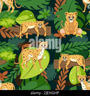 Cute leopards seamless pattern illustration Stock Vector