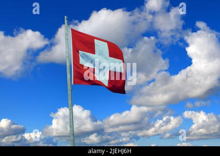 Wehende Schweizer Nationalfahne vor blauen Himmel mit Cumuluswolken Stock Photo