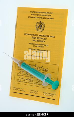Eine Hand mit Spritze und Corona-Impfstoff von Biontech / Pfizer, Impfpass, Stock Photo
