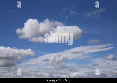 Dramatic blue clear summer sky background, white fluffy cumulus cloud over sea of cirrus clouds Stock Photo