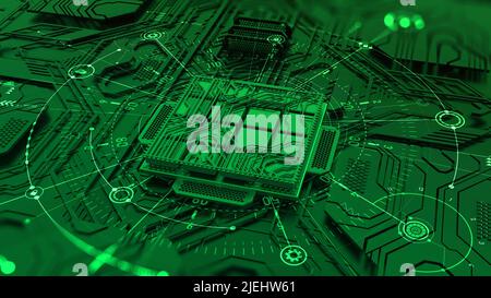 Artificial Intelligence. Quantum processor, CPU, futuristic computer circuit. High technology cyberspace. Realistic 3D illustration Stock Photo