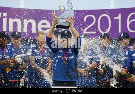 File photo dated 04-09-2016 of England captain Eoin Morgan lifting the Royal London one day series trophy. England's World Cup-winning captain Eoin Morgan is set to announce his retirement from international cricket. Issue date: Monday June 27, 2022. Stock Photo