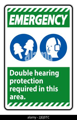 Emergency Sign Double Hearing Protection Required In This Area With Ear Muffs & Ear Plugs Stock Vector
