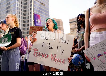 Philadelphia, USA. 24th June, 2022. Demonstrators hold signs condeming the recent SCOTUS ruling that overturned Roe v. Wade in Philadelphia, PA on June 24, 2022. (Photo by Sukhmani Kaur/Sipa USA) Credit: Sipa USA/Alamy Live News Stock Photo