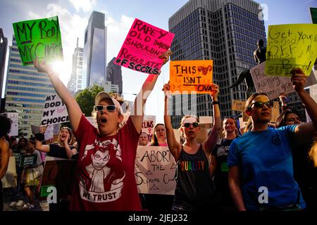 Philadelphia, USA. 24th June, 2022. Demonstrators hold signs condeming the recent SCOTUS ruling that overturned Roe v. Wade in Philadelphia, PA on June 24, 2022. (Photo by Sukhmani Kaur/Sipa USA) Credit: Sipa USA/Alamy Live News Stock Photo