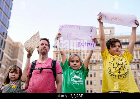 Philadelphia, USA. 24th June, 2022. Children hold signs condeming the recent SCOTUS ruling that overturned Roe v. Wade in Philadelphia, PA on June 24, 2022. (Photo by Sukhmani Kaur/Sipa USA) Credit: Sipa USA/Alamy Live News Stock Photo