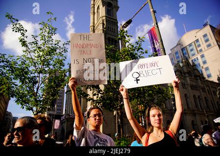 Philadelphia, USA. 24th June, 2022. Demonstrators hold signs condeming the recent SCOTUS ruling that overturned Roe v. Wade in Philadelphia, PA on June 24, 2022. (Photo by Sukhmani Kaur/Sipa USA) Credit: Sipa USA/Alamy Live News Stock Photo