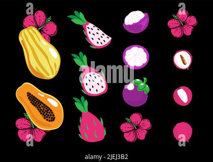 Set of exotic fruits, hand-painted lychee, mangosteen, papaya and pitaya in a flat style. Whole fruit, halves and small pieces. Bright hibiscus flower Stock Vector
