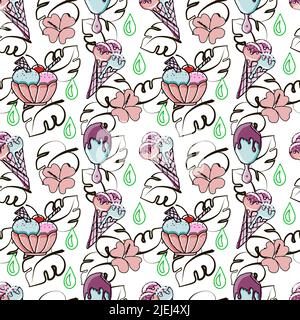 Seamless pattern of different ice cream, hand-drawn doodles. Bright colors. Cartoon style. Ice cream in a cone, on a stick and in a bowl. Tropics. Sum Stock Vector