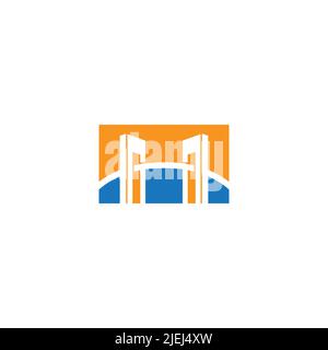 square colorful bridge bond sun river logo vector Stock Vector