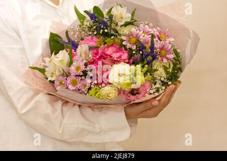 Woman's hands with huge violet and pink hudrongea flowers on white background. Romantic morning mood Stock Photo