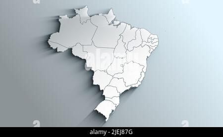 Country Political Geographical Map of Brazil with States with Shadows Stock Photo