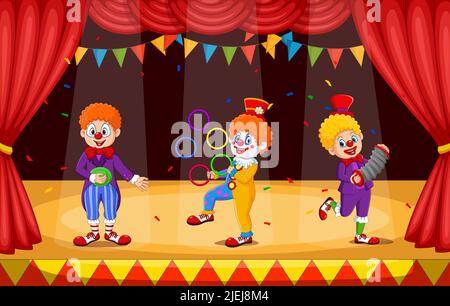 Group of clowns cartoon performing on stage Stock Vector
