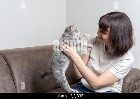 Middle-aged woman with her cute cat plays at home. A woman holds a fluffy gray cat by the paws. Hugs with a pet. A wonderful pet. Pets are part of the Stock Photo