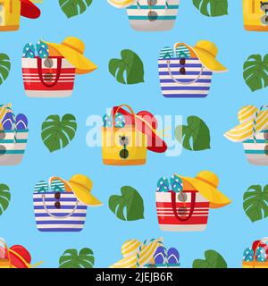 Colorful women's summer bags with beach accessories. Seamless pattern. Stock Vector