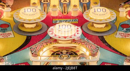 Drempt, The Netherlands - September 3, 2021: Close up of a vintage illuminated pinball machine in Drempt, The Netherlands. Stock Photo