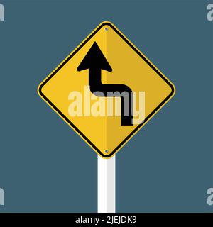 Curves ahead Left Traffic Road Sign isolated on grey sky background.Vector illustration Stock Vector