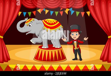 Cartoon circus tamer with elephant on stage Stock Vector